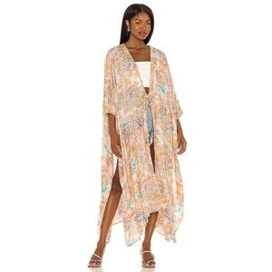 Free People Womens Into The Wild Kimono in Peach Size M Boho Beach Floral Print